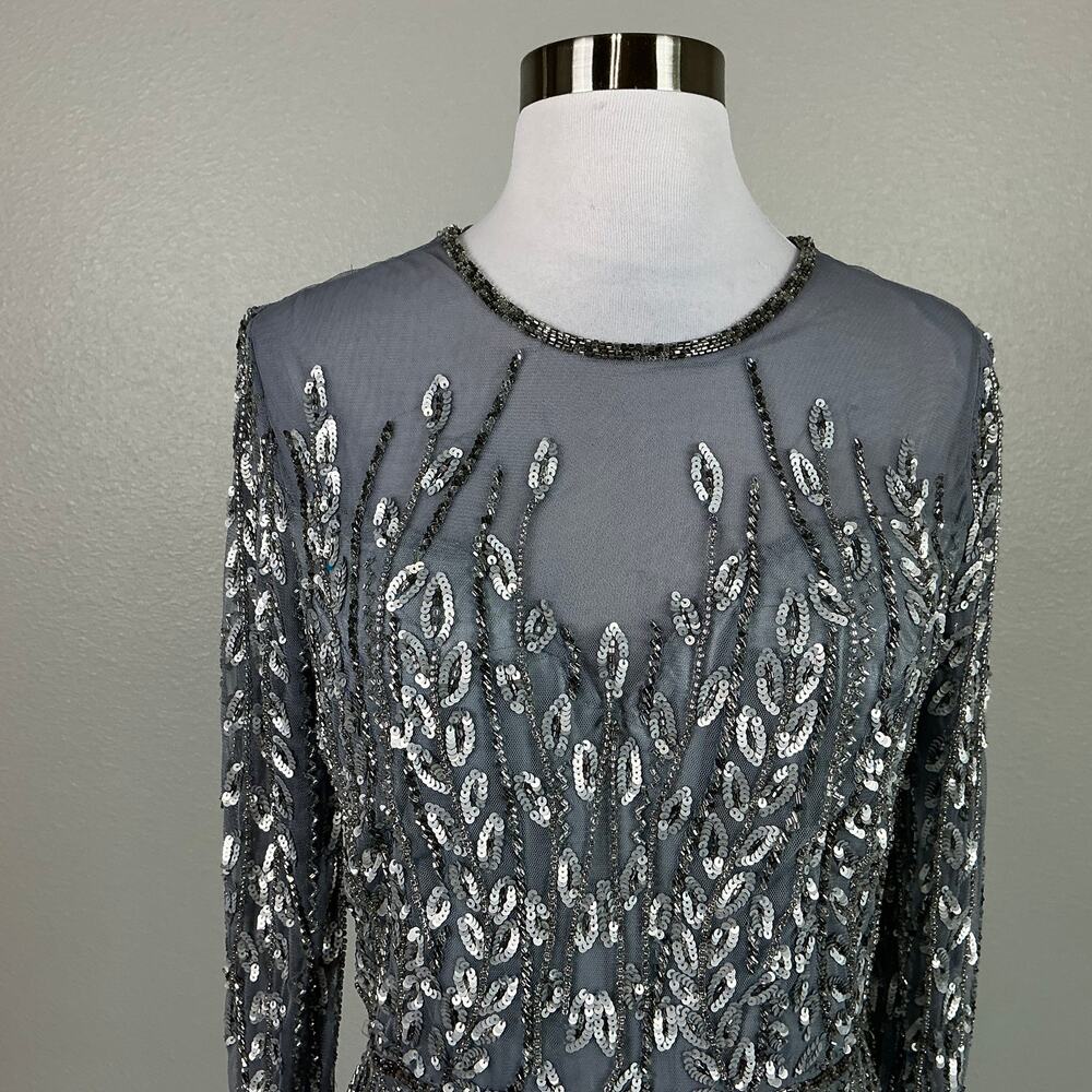 Mac Duggal 5644 Sequined Long Sleeve Column Evening Gown Silver Size 4 Dress - Picture 8 of 12